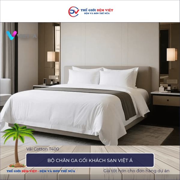 Bộ chăn ga gối khách sạn Việt Á vải Cotton T400 1